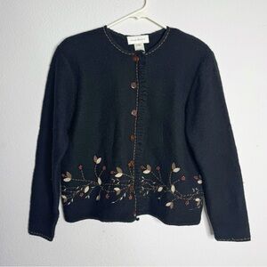 Susan Bristol vintage hand embroidered black leaf wool cardigan medium